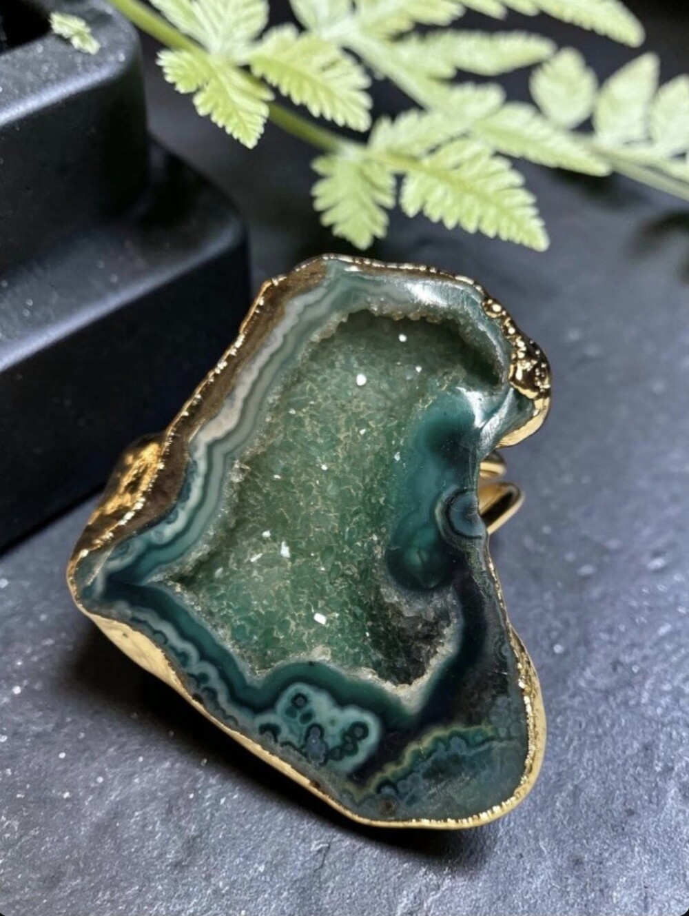 18k Gold Plated Artisan Genuine Malachite Sugar Geode Oversized Statement Ring